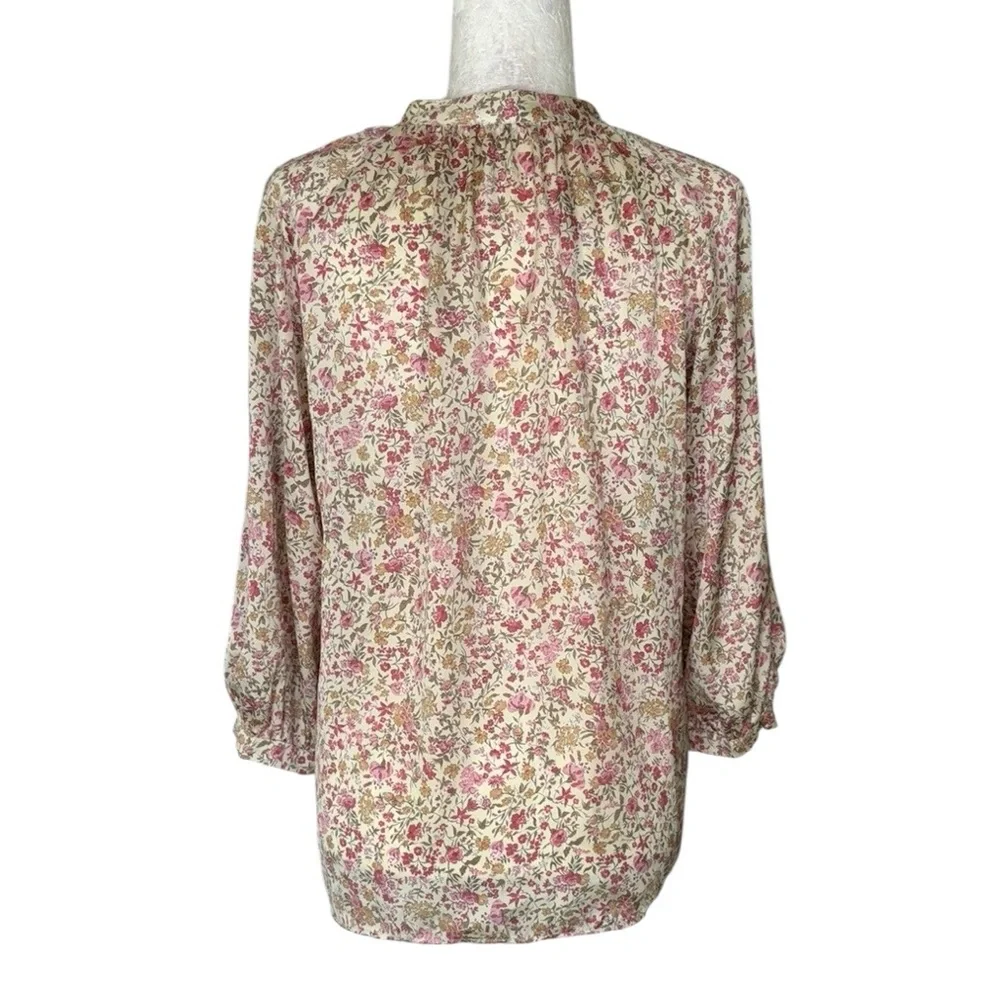 Zara Cream Pink Floral Print Satin 3/4 Puff Sleeve Lace Button Down Blouse - S